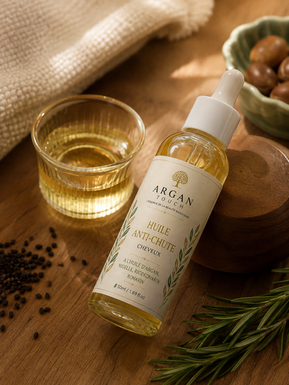 Application de l’huile anti-chute capillaire Argan Touch sur les cheveux et le cuir chevelu